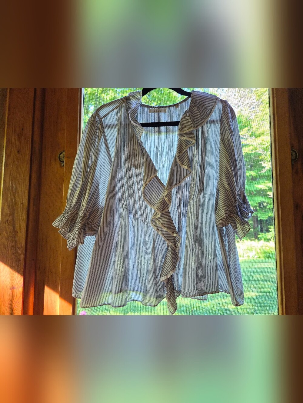 DÔEN Henri Top XXL Ivory Charcoal Stripe Ruffle Cotton Voile Blouse Rare